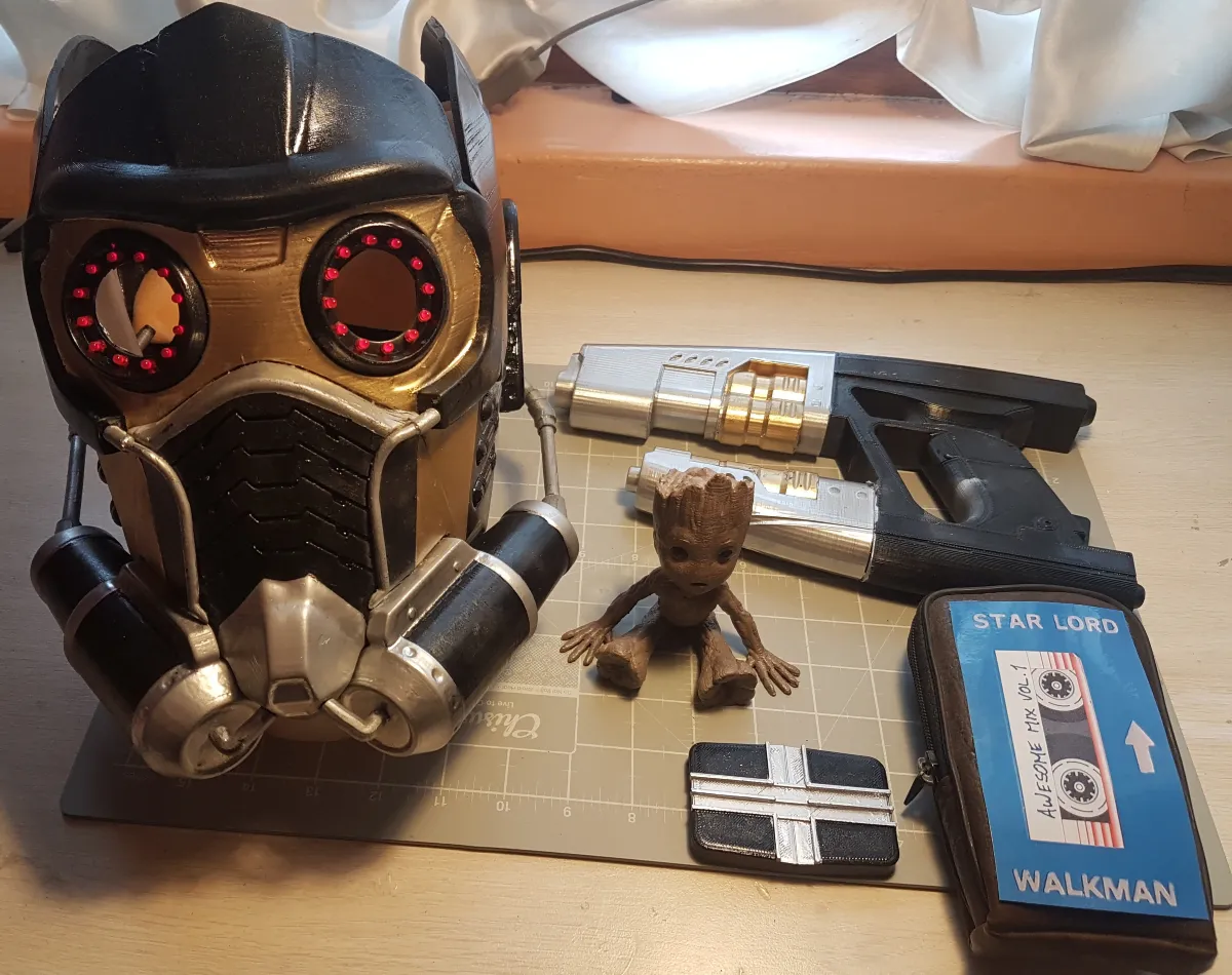Finished 3D printed Star Lord helmet and props