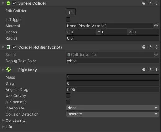 Sphere 1 Rigidbody and Collider setup