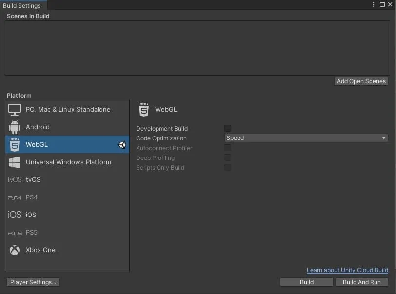Unity Build and Run settings