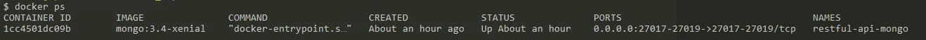 Output of docker ps showing the running MongoDB container